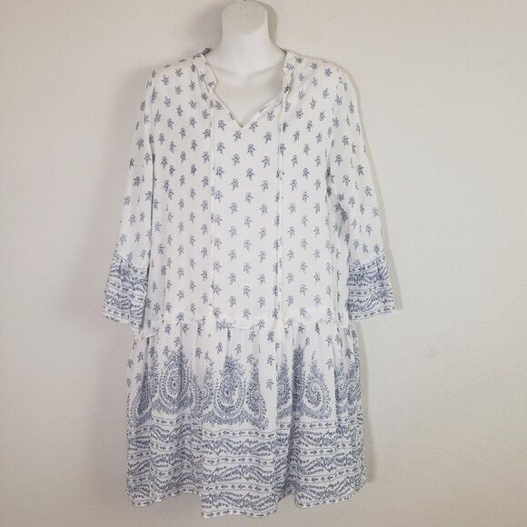 Hayden Dress Large White Blue Paisley Floral Mini Drop Waist Boho Chic Relaxed - Picture 1 of 10